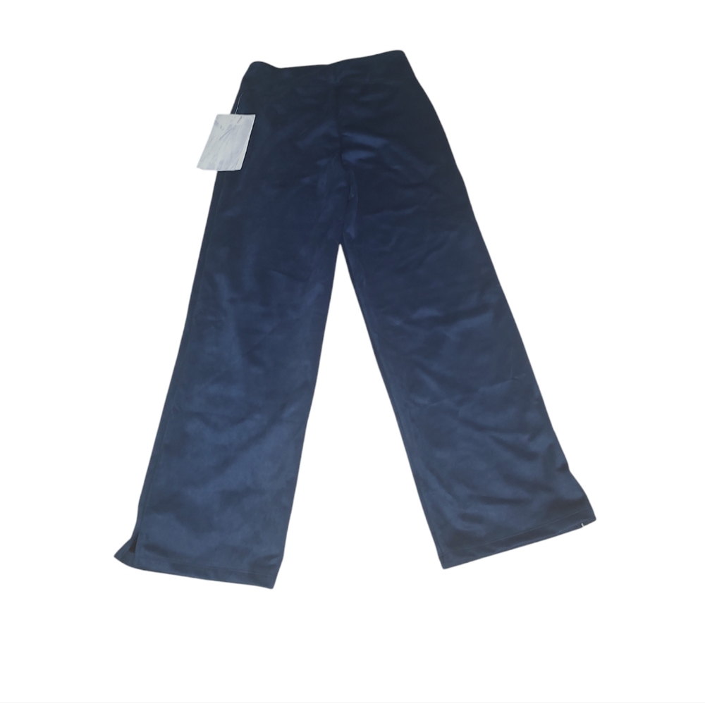 Women with Control Shape Enhancing Navy Blue Wide Leg Side Slit Pants-S